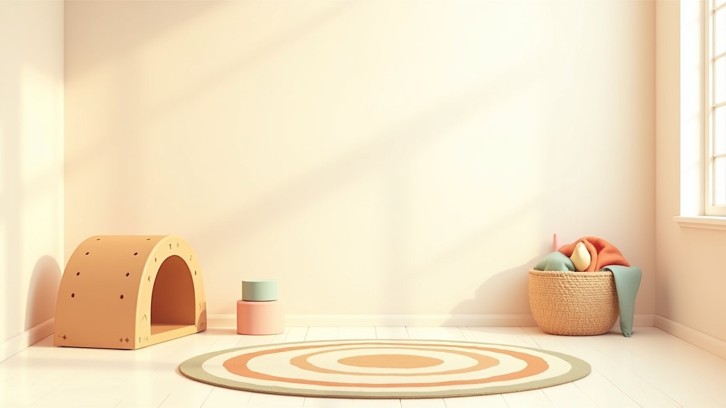 Sala de atividades para bebés e crianças, com túnel, tapete e cesto de lenços